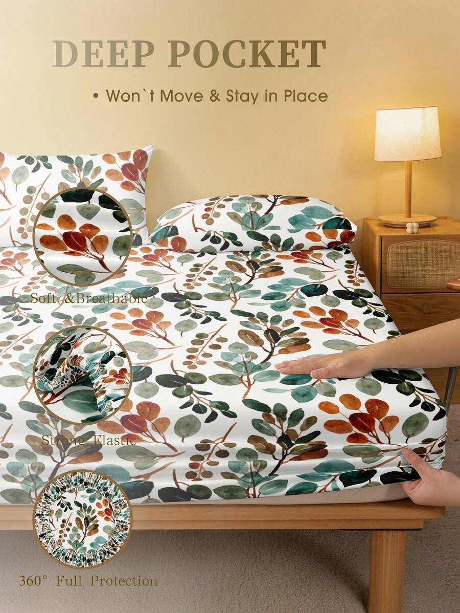 Fitted Sheet Deep - ผ้าปูที่นอนลายใบไม้ พิมพ์ลายดอกไม้ เนื้อนุ่ม ระบายอากาศได้ดี ขอบยางยืด 11.8