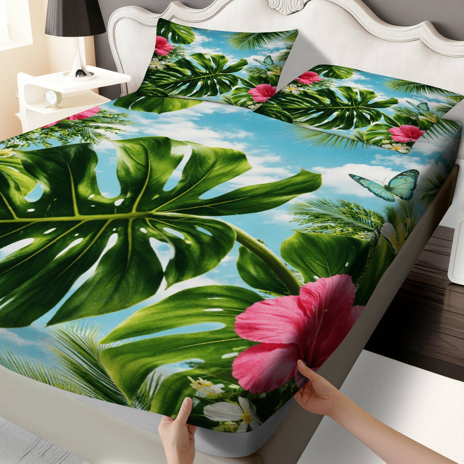 Fitted Sheet Deep - ชุดผ้าปูที่นอนลายดอกชบาเขตร้อน ธีมฤดูร้อน ชุดเครื่องนอนลายดอกไม้เขตร้อน พร้อมผ้ารองกันเปื้อนที่นอน ชุดเครื่องนอน 3