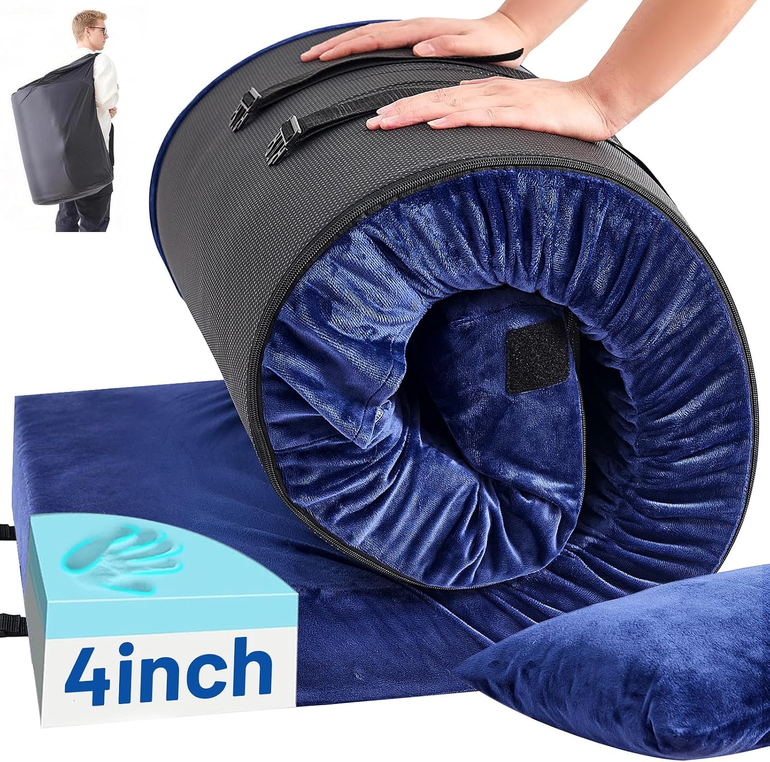 Memory Foam Topper - แผ่นรองนอนเมมโมรี่โฟมสำหรับแคมป์ปิ้งพร้อมหมอน - แผ่นรองนอนหนาพิเศษ 4 นิ้วสำหรับแคมป์ปิ้ง, แผ่นรองนอนกันน้ำแบบม้วนได้สำหรับเตียงพับในรถ