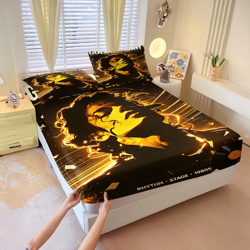 Fitted Sheet Deep - ชุดผ้าปูที่นอนลายไมเคิล แจ็คสัน ราชานักร้องป๊อป พร้อมผ้าปูที่นอนแบบยางยืด ขนาดคิงไซส์ ของตกแต่งห้องนอนสุดหรู